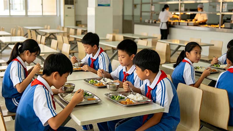 盐亭华宸英才学校食堂整洁就餐实景一角